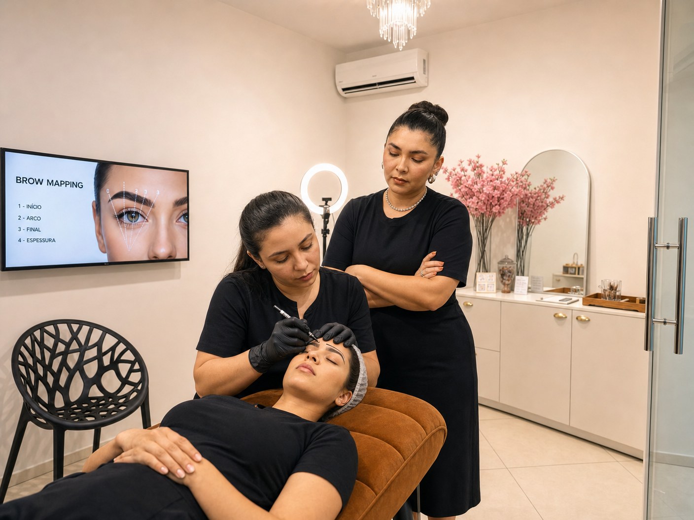 Instrutora com aluna em Design de Sobrancelha